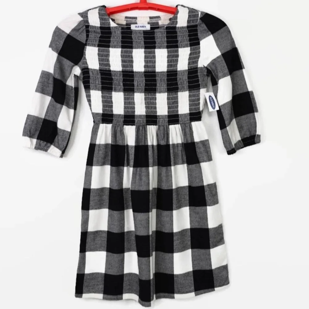 Old Navy Black White Plaid Flannel Smocked Long Sleeve Dress Girls‎ XL 14 16